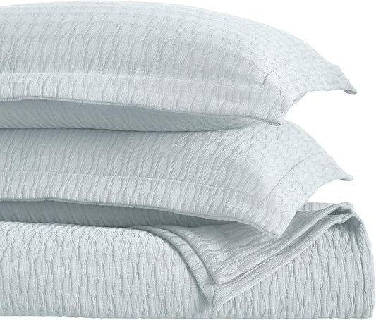 Superior 3 Piece Cotton Bedspread Set, Home Bed Decor, Decorative Bed Spread, 2 Pillow Shams, Medium Weight Blanket, Matelasse Coverlet, Bedding Essentials, Calvert Collection, Queen, Sky Blue
