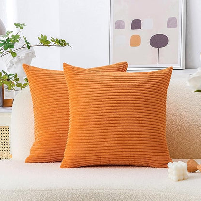 Home Brilliant Fall Pillow Covers 20x20 Burnt Orange Throw Pillow Cases Set of 2 Striped Corduroy Plush Velvet Cushion Cover for Couch Rust Thanksgiving, 50cm, 20 x 20 Inch, Orange