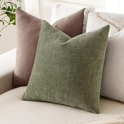 MIULEE Pack of 2 Decorative Throw Pillow Covers Soft Chenille Christmas Throw Pillows Solid Textured Cushion Covers for Spring Couch Sofa Bedroom Living Room 18x18 Inch, Olive Green