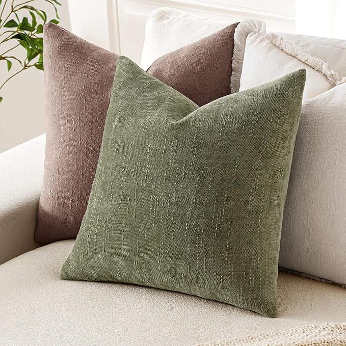 MIULEE Pack of 2 Decorative Throw Pillow Covers Soft Chenille Christmas Throw Pillows Solid Textured Cushion Covers for Spring Couch Sofa Bedroom Living Room 20x20 Inch, Olive Green