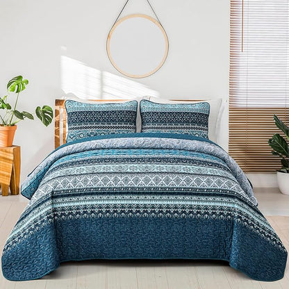 WONGS BEDDING Boho Quilt Set Twin Size, Blue Bohemian Twin Quilt Bedding Set, Lightweight Microfiber Bed Decor Bedspread with Pillow Sham for All Season 68"x86"(2 Pieces)