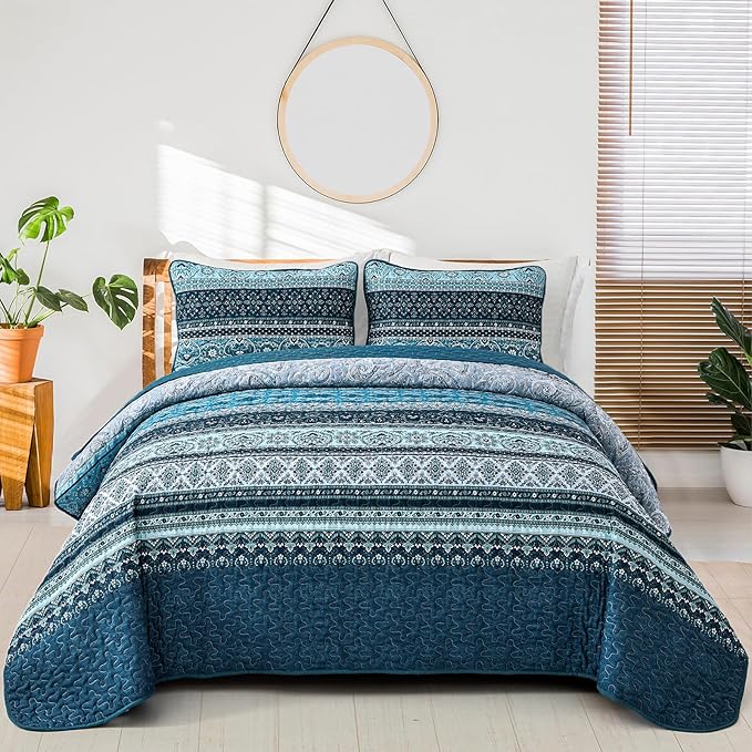 WONGS BEDDING Boho Quilt Set Full Size, Blue Bohemian Full Quilt Bedding Set, Lightweight Microfiber Bed Decor Bedspread with Pillow Shams for All Season 90"x78"(3 Pieces, Full)