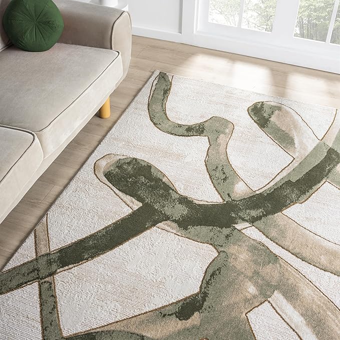 Abani Beige Cream Green Graffiti Washable Area Rug – 2' x 3' – Abstract Artistic Design – Ivy Collection – Non-Shedding, Easy to Clean – Durable for High Traffic Areas – Living Room & Bedroom