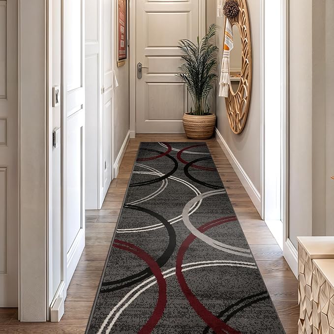 Rugshop Modern Wavy Circles Design Non-Shedding Runner Rug, Carpet for Hallway or Kitchen, Red, 2' x 10'