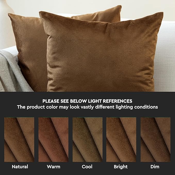 Encasa XO Velvet Throw Pillow Covers 12x12 in (30x30 cm) - Brown - No Inserts, Pack of 2 Cases | Solid Plain Dyed Soft & Smooth, Square Decorative Cushion Covers for Living & Bedroom