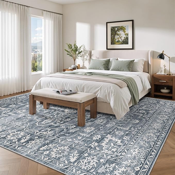 8x10 Area Rugs for Living Room, Stain Resistant Washable Rugs for Dining Room, Kitchen, Floral Vintage Non-Slip Thin Large Area Rug(Blue, 8'x10')