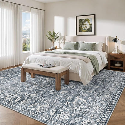 8x10 Area Rugs for Living Room, Stain Resistant Washable Rugs for Dining Room, Kitchen, Floral Vintage Non-Slip Thin Large Area Rug(Blue, 8'x10')
