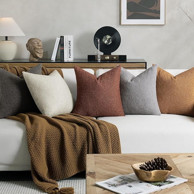 Fall Decorative Throw Pillow Covers 20 x 20 Inch, Set of 2, Thanksgiving Autumn Harvest Decor Boucle Cushion Pillow Cover for Couch Bedroom Sofa Living Room, Burnt Orange