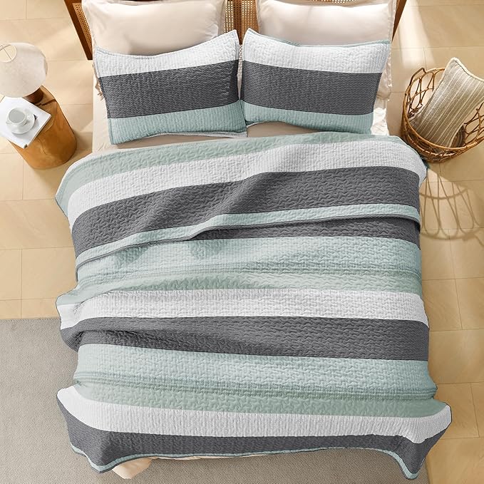 Litanika Oversized King Quilt Set Sage Green, 128x120 Stripe Bedspread Coverlet 3 Pieces, Sage Green Lightweight Quilted Bedding Set for All Season(Super King Plus-1 Quilt, 2 Pillowcases)
