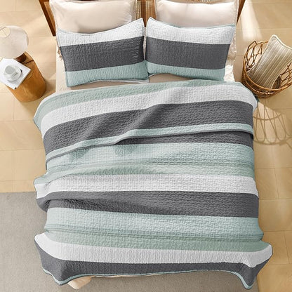 Litanika Oversized King Quilt Set Sage Green, 128x120 Stripe Bedspread Coverlet 3 Pieces, Sage Green Lightweight Quilted Bedding Set for All Season(Super King Plus-1 Quilt, 2 Pillowcases)