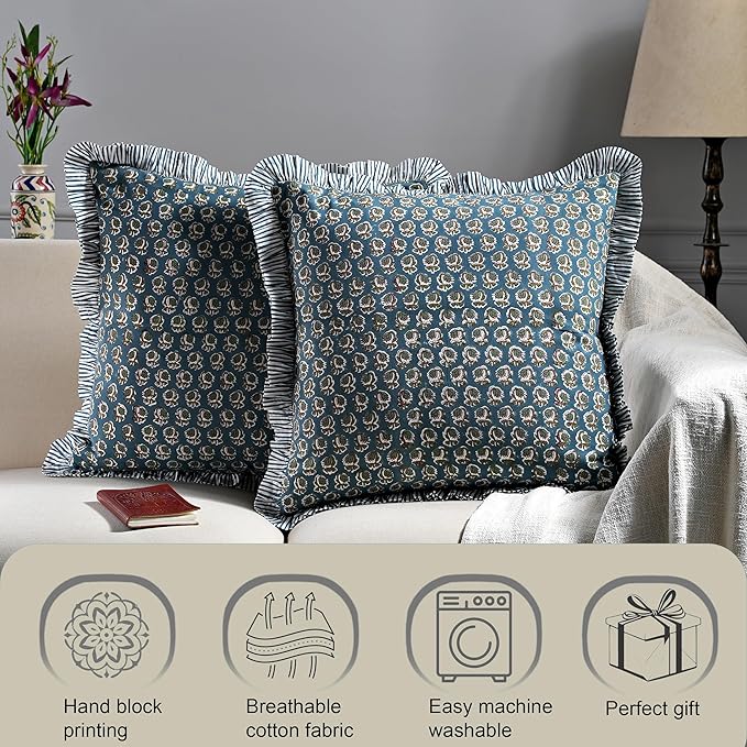 Ridhi Modern Farmhouse Pillow Covers Decorative Cotton Throw Pillow Covers Set of 2 Peacock Blue Cushion Covers with Ruffle for Couch Sofa Bed Living Room Spring Home Decor 20x20