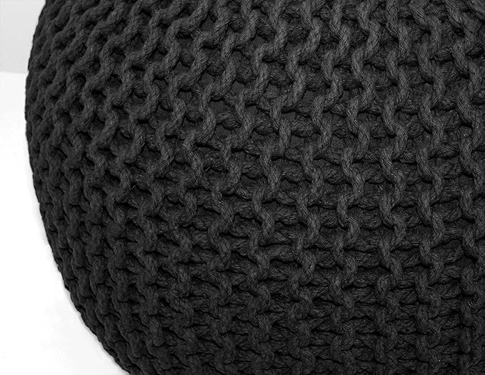 COTTON CRAFT Round Pouf - Hand Knitted Cotton Braid Cord Cable Dori Floor Pouf - Foot Stool Ottoman Footrest Accent Seat Furniture Bean Bag - Living Room Kids Room Nursery Dorm Décor - 20x14 - Black