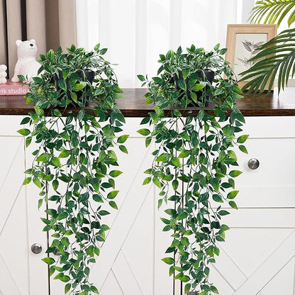 Waipfaru 2Pcs Fake Hanging Plants with Pot Deep Green Eucalyptus Leaves UV Resistant Fake Vines Ivy Artificial Plants Outdoor Faux Plants Indoor Bedroom Living Room Boho Wall Porch Shelf Decor