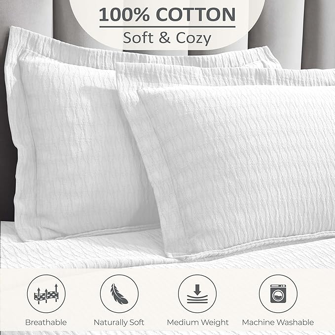 Superior 3 Piece Cotton Bedspread Set, Home Bed Decor, Decorative Bed Spread, 2 Pillow Shams, Medium Weight Blanket, Matelasse Coverlet, Bedding Essentials, Calvert Collection, Queen, White
