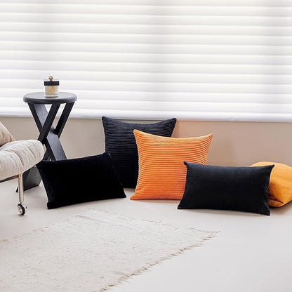 Home Brilliant Rectangle Throw Pillow Covers Fall Decor Super Soft Striped Corduroy Solid Cushion Covers Oblong Throw Pillowcases for Lumbar, 12 x 20 inch, Black