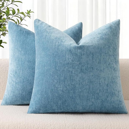 decorUhome Chenille Grey Blue Throw Pillow Covers 16x16 Inch Set of 2, Decorative Soft Couch Pillow Covers Solid Dyed Accent Farmhouse Neutral Square Pillow Cases for Sofa Bed Living Room