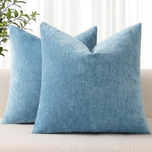 decorUhome Chenille Grey Blue Throw Pillow Covers 18x18 Inch Set of 2, Decorative Soft Couch Pillow Covers Solid Dyed Accent Farmhouse Neutral Square Pillow Cases for Sofa Bed Living Room