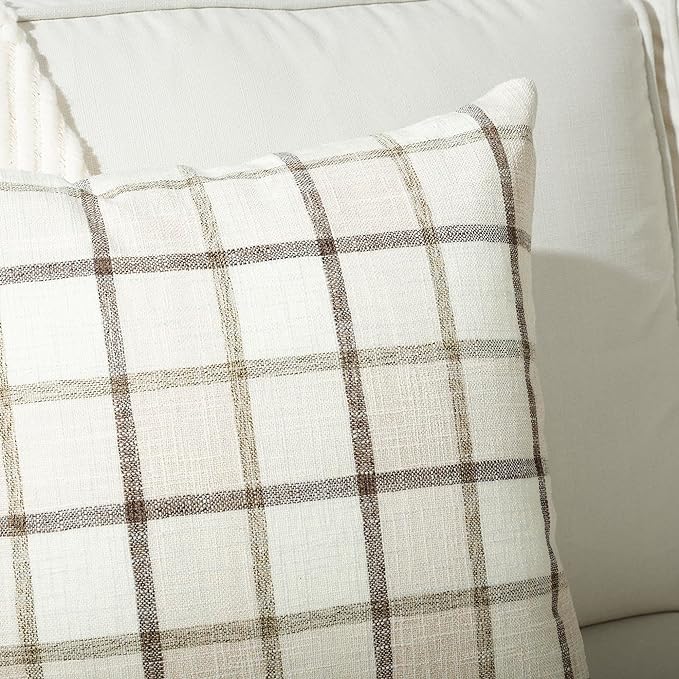 Stellhome Pack of 2 Linen Buffalo Check Decorative Throw Pillow Covers, Farmhouse Plaid Cushion Covers Rustic Retro Decor for Couch Sofa Living Room, 16x16 Inch, Beige