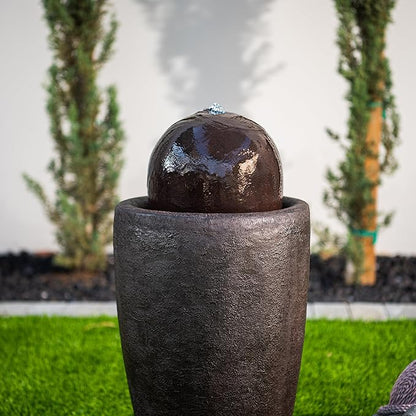 XBrand 25.98" H Black Round Stone Indoor/Outdoor Modern Sphere Water Fountain w/LED Lights – Ball Bubbling Fountain Décor for Garden, Patio, or Tabletop