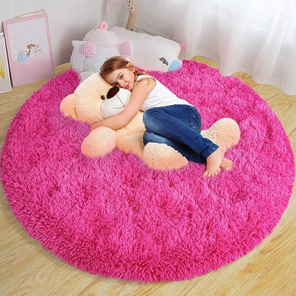Round Fluffy Rugs 6Ft for Girls Bedroom, Hot Pink Shag Circle Kids Rug Non-Slip for Bedside Dorm Nursery Playroom, Soft Cute Area Rugs for Living Room Decor