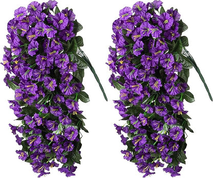 Artificial Fake Hanging Flowers Plants for Outdoor Outside Summer Decoration, 2PCS Faux Silk Morning Glory Purple UV Resistant Look Real Trailing Vines for Home Planter Porch Patio