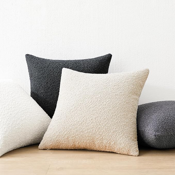 Mixhug Decorative Boucle Throw Pillow Covers, White, 18 x 18 Inches, Pack of 2 - Textured Boho Pillow Covers for Couch and Bed
