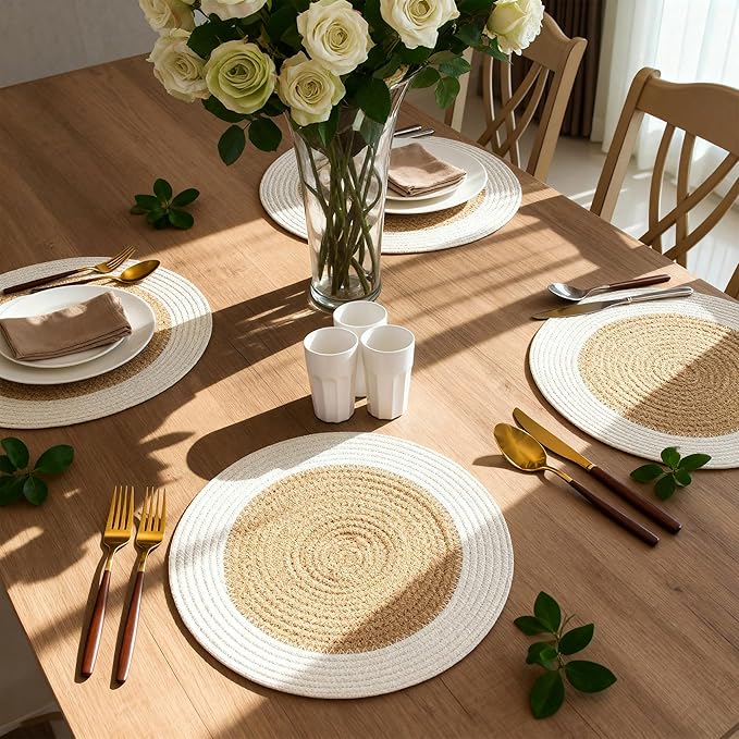 Eco Crave Jute Round Placemats Set of 4 – Hand Woven Natural Beige Jute with White Rim, 13 Inch Farmhouse Rustic Dining Drawstring Table Mats, Wicker Heat Resistant Durable Eco-Friendly Table Decor