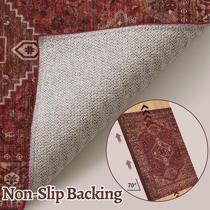 Tangsoo 2.6x10 Washable Hallway Runner Rug, Non Slip Vintage Runner Rug for Hallways, Soft Low Pile Long Rug Runner, Print Distressed Carpet Runners for Kitchen Bedroom Entryway Living Room Dark Red