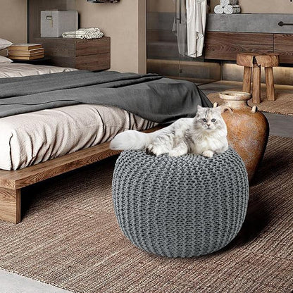 HOMBYS Unstuffed Ottoman Pouf Cover, 100% Cotton Handmade Knitted Ottoman Pouf Cover Round Foot Stool, Floor Bean Bag Chair, Foot Rest Storage for Living Room Bedroom, Light Grey(Cover ONLY NO Filler)