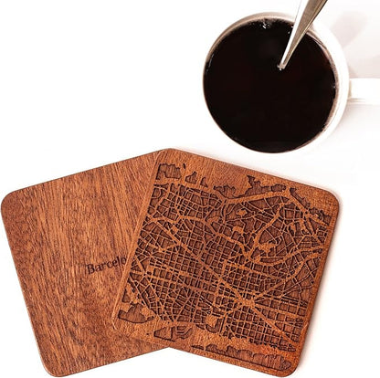 Barcelona Map Coaster by O3 Design Studio, Set Of 4, Sapele Wooden Coaster With City Map, Handmade