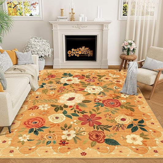 DUKINO 8x10 Area Rug, Floral Rugs for Living Room, Lightweight Non Slip Washable Rug, Indoor Low Pile & Non-Shedding Boho Design Rugs for Bedroom, Living Room, Dining Room, Orange