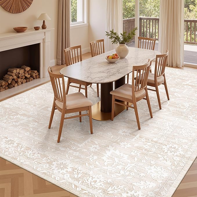 10x14 Area Rugs for Living Room Large Washable Rugs for Bedroom Floral Vintage Non-Slip Thin Area Rug Indoor Home Office Decor Beige