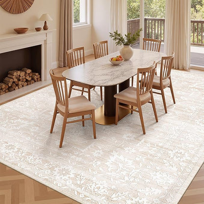 10x14 Area Rugs for Living Room Large Washable Rugs for Bedroom Floral Vintage Non-Slip Thin Area Rug Indoor Home Office Decor Beige