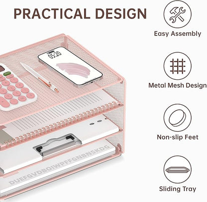 DALTACK 3 Tier Letter Tray Paper Organizer Mesh Metal Desk File Organizer for Home & Office, Pink