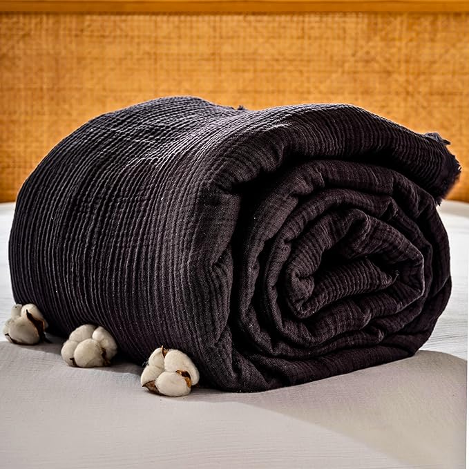 Muslin Blanket - Pure 100% Turkish Cotton Airy Soft Light Versatile Gauze Throw Blanket for Bed, Couch, Sofa (Black, Twin XL Size (71" x 95" inch))