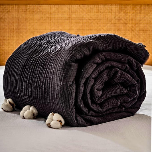 Muslin Blanket - Pure 100% Turkish Cotton Airy Soft Light Versatile Gauze Throw Blanket for Bed, Couch, Sofa (Black, Twin XL Size (71" x 95" inch))