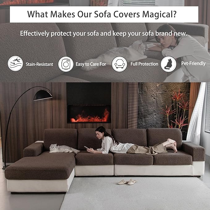Couch Cushion Covers for Sectional Sofa, Stretch Soft Sofa Slipcovers Washable Wear-Resistant Universal Furniture Protector for Living Room(1 Piece Large Cover, Brown)