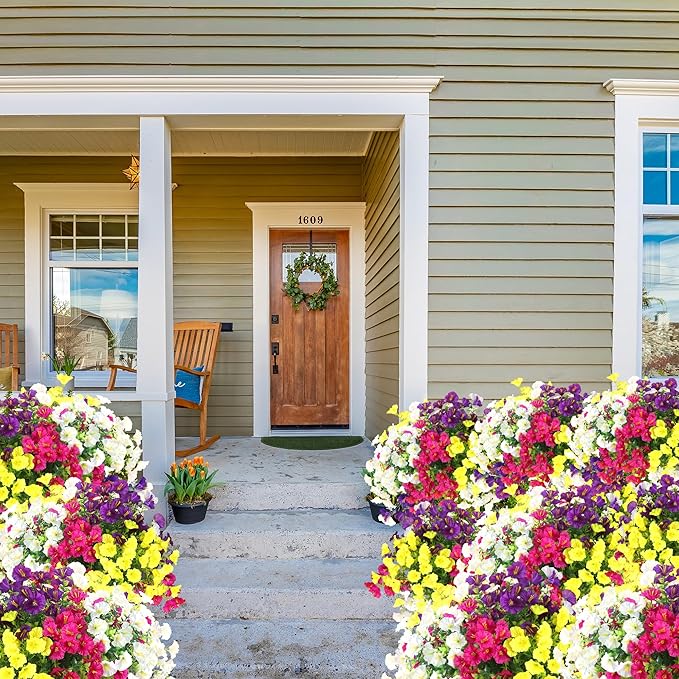 Artificial Flowers for Outdoors 12 Bundles Realistic Faux Plants UV Resistant Fake Silk Morning Glory with Eucalyptus for Front Door Planter Patio Porch Spring Summer Decoration (4 Mixed Color)
