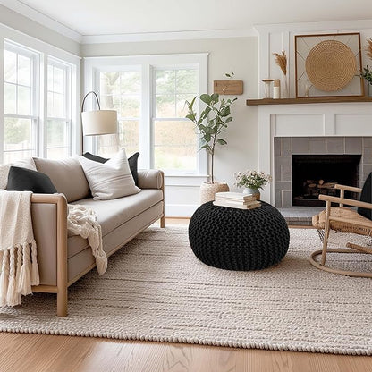 COTTON CRAFT Round Pouf - Hand Knitted Cotton Braid Cord Cable Dori Floor Pouf - Foot Stool Ottoman Footrest Accent Seat Furniture Bean Bag - Living Room Kids Room Nursery Dorm Décor - 20x14 - Black
