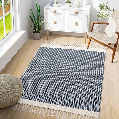 Lahome Boho Bedroom Rug, 3x5 Kitchen Rug Lightweight Rugs for Entryway Living Room Woven Washable Area Rug with Tassels, Farmhouse Navy Blue Throw Rugs Non Shedding Floor Carpet for Living Bedroom