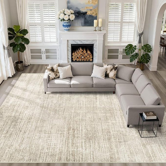 10x12 Area Rug Living Room: Washable Large Neutral Beige Rugs Abstract Soft Modern Stain Resistant Indoor Floor Non-Slip Carpet for Bedroom Nursery Kids Office Playroom Dining Room Under Table Home