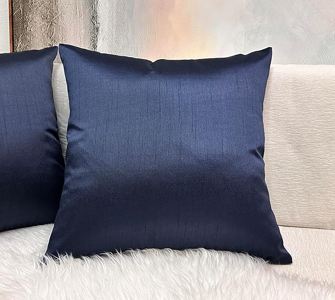Aiking Home 20x20 Inches Faux Silk Square Throw Pillow Cover, Zipper Closure, Navy (Set of 2)