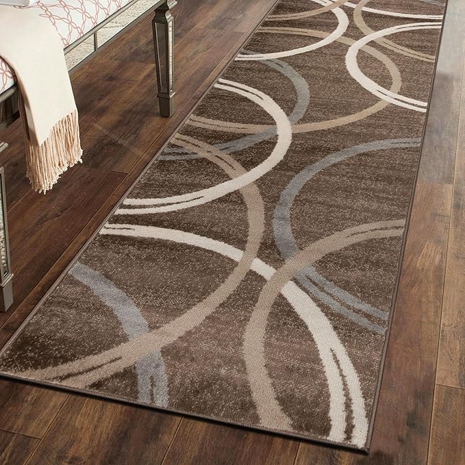 Rugshop Modern Wavy Circles Design Runner Rug, Non-Shedding Carpet for Hallway, Kitchen, or Entryway, Brown, 2'7" x 6'