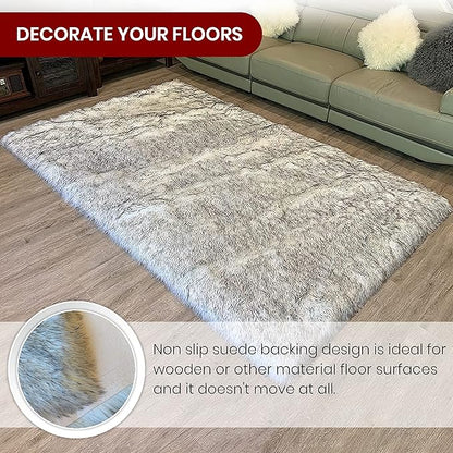LAMBZY High Pile Super Fluffy Soft Faux Sheepskin Rug | Faux Sheepskin Rugs for Living Room Playroom Bedroom | Classic Super Soft to Touch Rug (6'x9', White/Black Tips)
