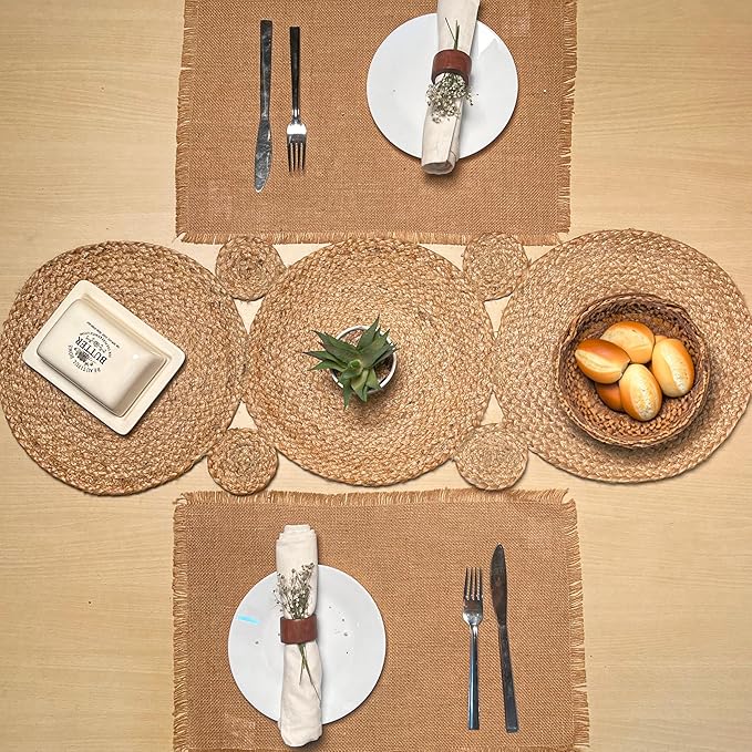 Chardin home Jute Braided Circles Table Runner, Boho, Artisanal Center Decor for Tables, Chests, Counter Tops, Consoles and More, 13x36 Inch Runner