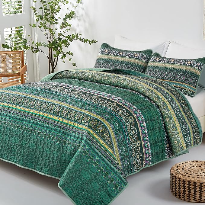 WONGS BEDDING Boho Quilt King Size, Green Bohemian King Quilt, Lightweight Microfiber Bed Decor Bedspread for All Season 103"x90"(3 Pieces)