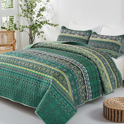 WONGS BEDDING Boho Quilt Queen Size, Green Bohemian Queen Quilt, Lightweight Microfiber Bed Decor Bedspread for All Season 96"x90"(3 Pieces)