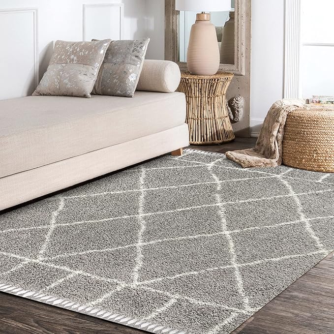 JONATHAN Y Mercer Shag Plush Tassel Gray/Ivory Indoor Area Rug, 3x5, Moroccan Geometric Trellis, Easy-Cleaning for Living Room, Bedroom, Kitchen, Pet Friendly, Non-Shedding (MCR101C-3)