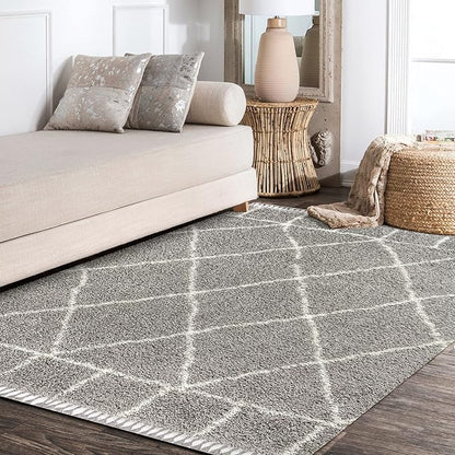 JONATHAN Y Mercer Shag Plush Tassel Gray/Ivory Indoor Area Rug, 3x5, Moroccan Geometric Trellis, Easy-Cleaning for Living Room, Bedroom, Kitchen, Pet Friendly, Non-Shedding (MCR101C-3)
