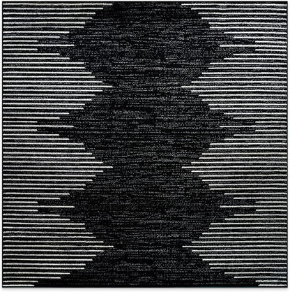 Rugshop Bohemian Stripe Stain Resistant High Traffic Living Room Kitchen Bedroom Dining Home Office Square Area Rug 6'6" x 6'6" Black